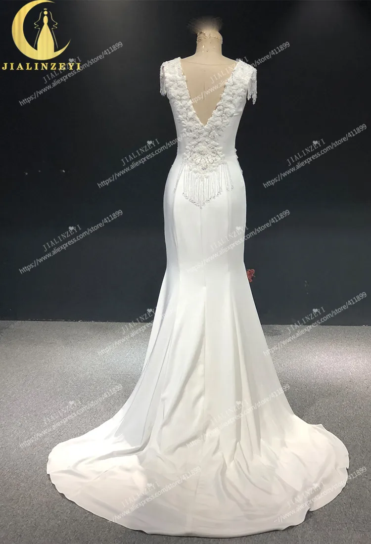 Rhine real Pictures short sleeves Satin with Beads Mermaid vestidos de noiva robe mariage Wedding gown wedding dresses