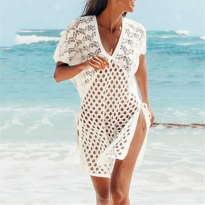 

Sexy Hollow Out Beach Dress Women V Neck Sleeveless Crochet Swimsuit Cover Up Vestidos Female Bathing Suit Fishnet White Pareo