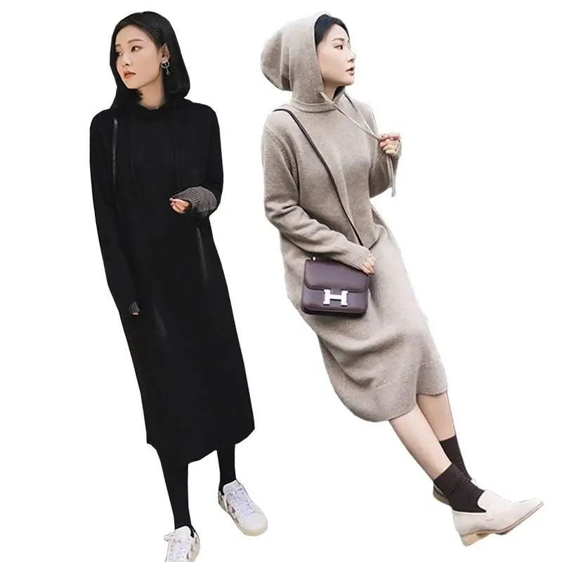 

Autumn Winter Sweatshirts Dress Hooded Long Sweater Dress Midi Length Casual Loose Basic Thick Knitted Dresses Robe Plus Size