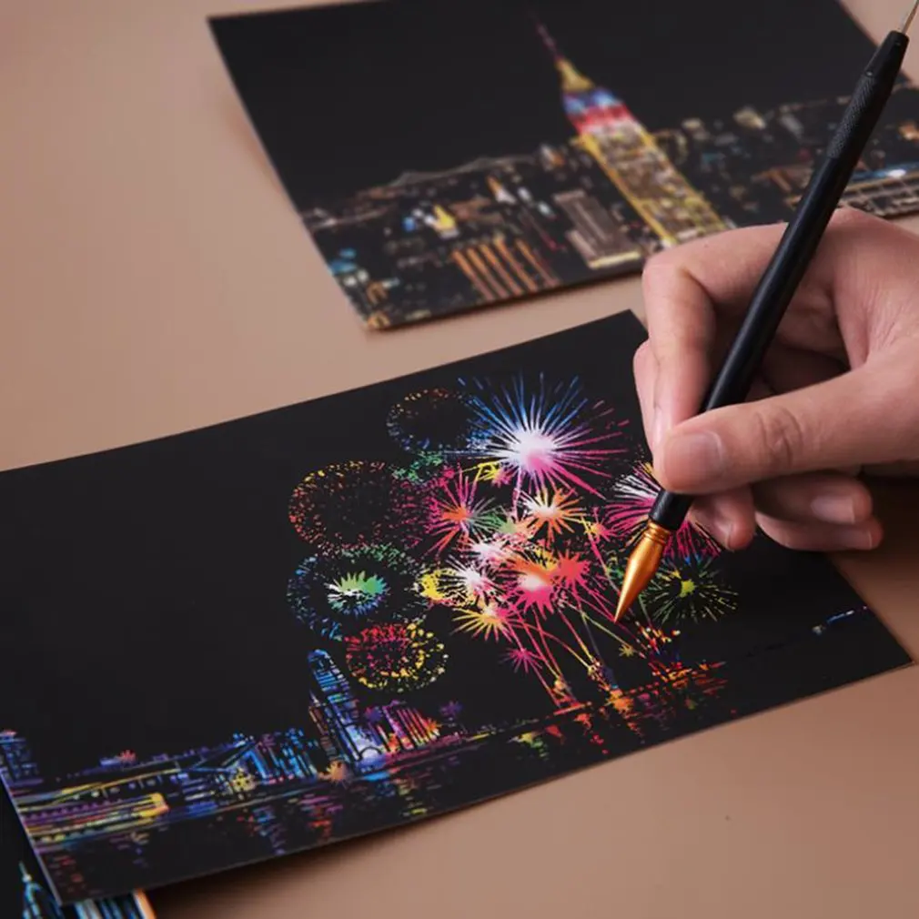 

4pcs / Set Magic Colorful A5 Buildings Scratch Painting Drawing Board Paper Scraping Children Learning Education Kids Toys