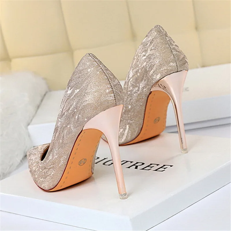 

Style High Heels Female Pumps Super High Glittering Pointed Fine Heel Women Shoes Fashion Wedding Party Ladies Shoes