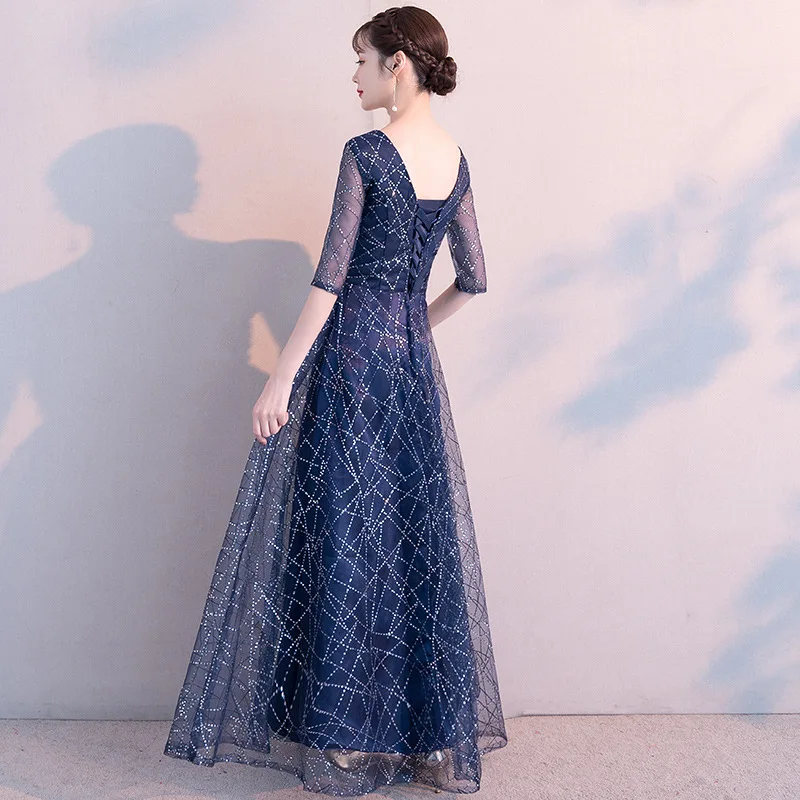 Женское вечернее платье Popodion длинное синее большого размера с блестками