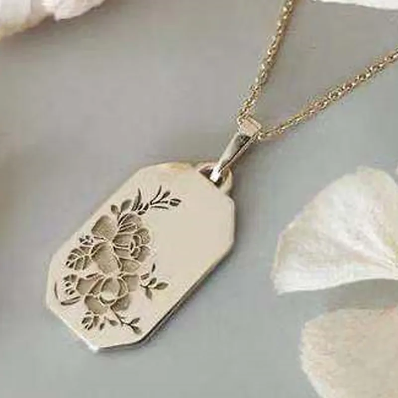 

Milangirl Fashion Gold Plated Color Square Engraving Flower Floral Pattern Long Chain Pendant Necklace for Women Party Jewelry