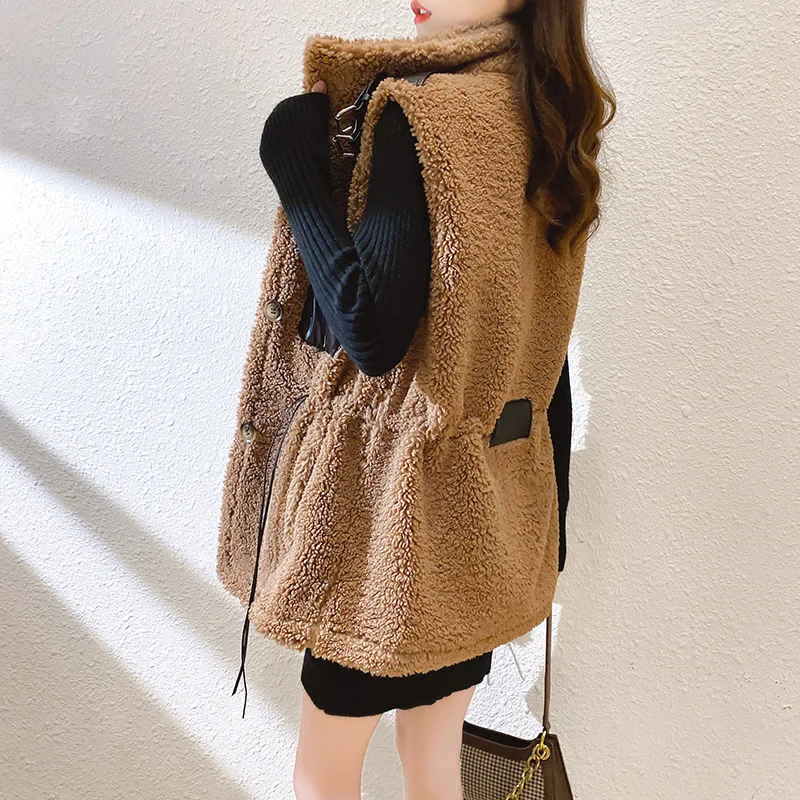 

2020 New Small Fragrant Wind Women's Solid Color Stand Collar Vest Autumn Winter Fur Integrated Lamb Plush Cotton Cardigan Vest