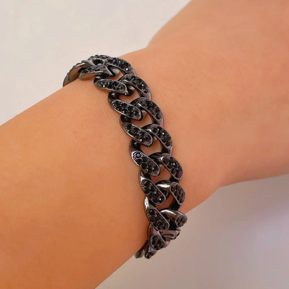 

13mm Hip Hop Black Rhinestone Miami Cuban Chain Bracelets For Women Iced Out Crystal Cuban Link Bracelet Men Punk Rapper Jewelry