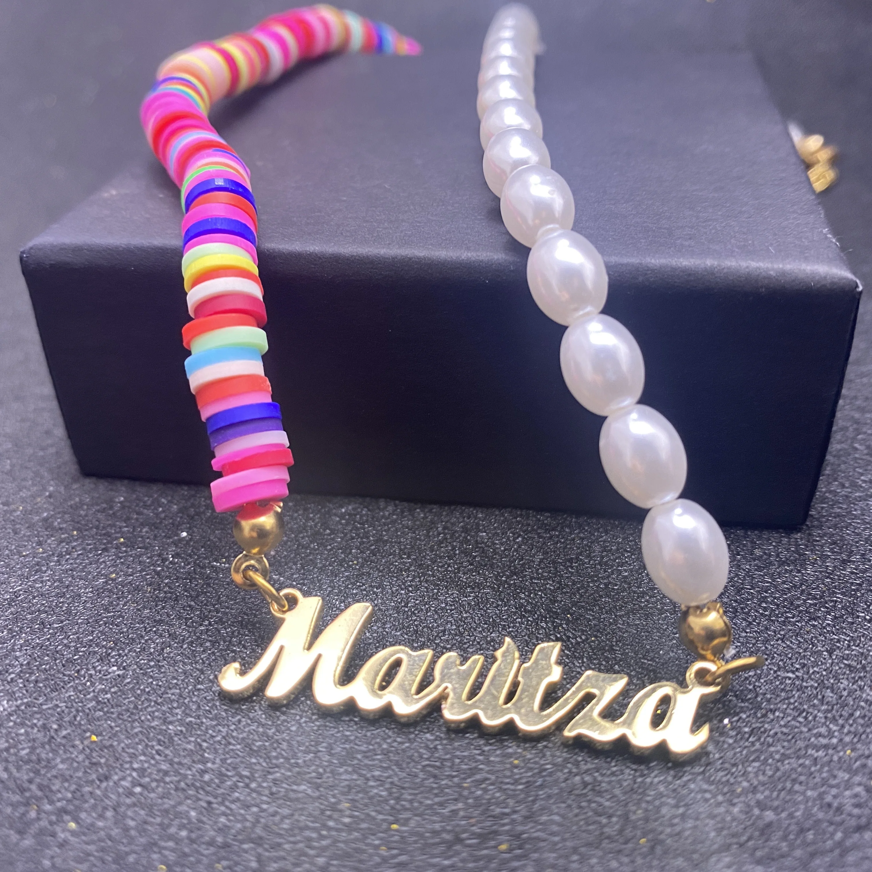 

Custom Name Pearl Necklace Boho Soft Rainbow Beads Polymer Clay Necklace Pottery Handmade Collar Stainless Steel Jewelry