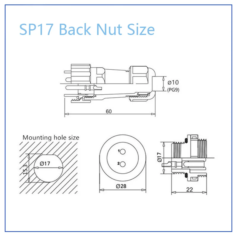 SP17 IP68 задняя гайка тип Электрический водонепроницаемый разъем 2/3/4/5/7/9 Pin
