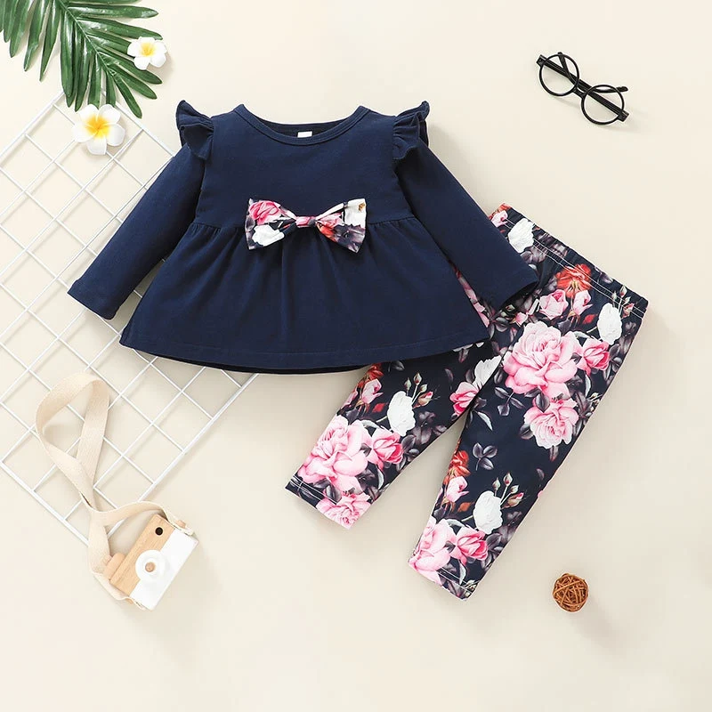 

Bobora Toddler Infant Baby Girls Fall Outfit Linen Dress Ruffle Long Sleeve Bowknot Solid Color Tops+Sunflower Printed Pants