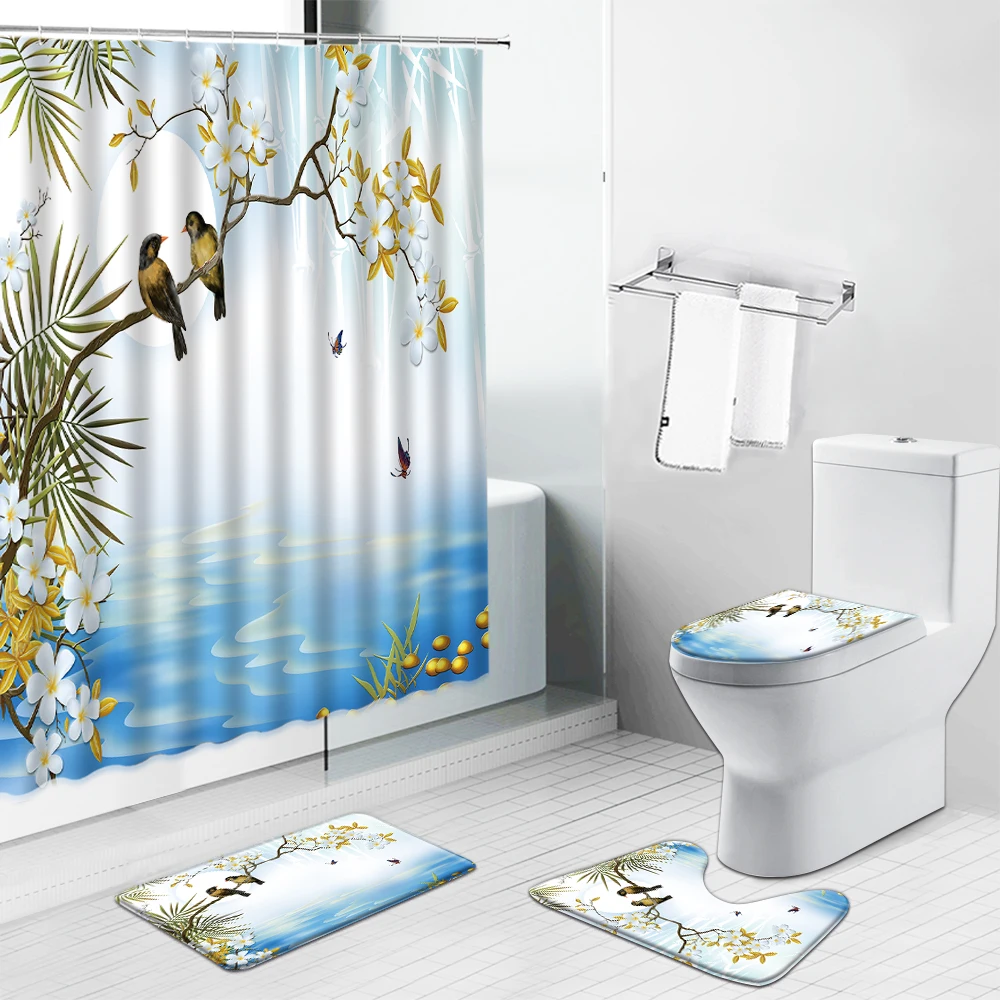 

Chinese Style Flowers Birds Scenery Shower Curtains Modern Floral Plant Bathroom Decor Carpet Anti-Slip Bath Mat Toilet Rug Set