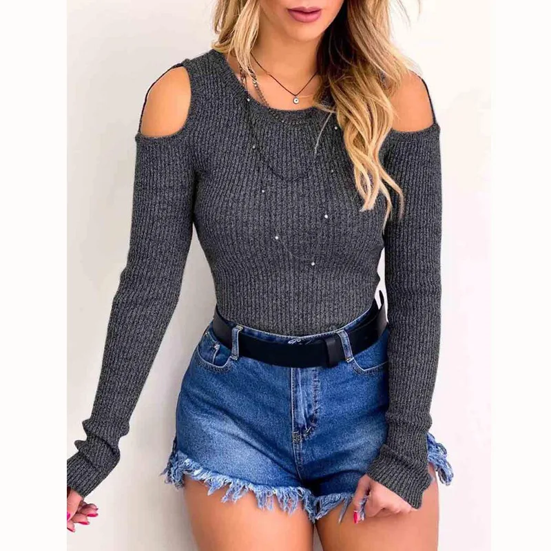 Женские облегающие пикантные топы с открытыми плечами синяя одежда длинным