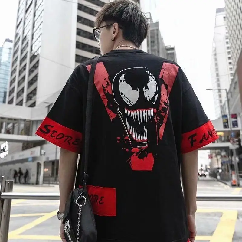 

Summer fashion trend short-sleeved male student tide brand hip-hop printing personality color matching bat sleeve T-shirt loose