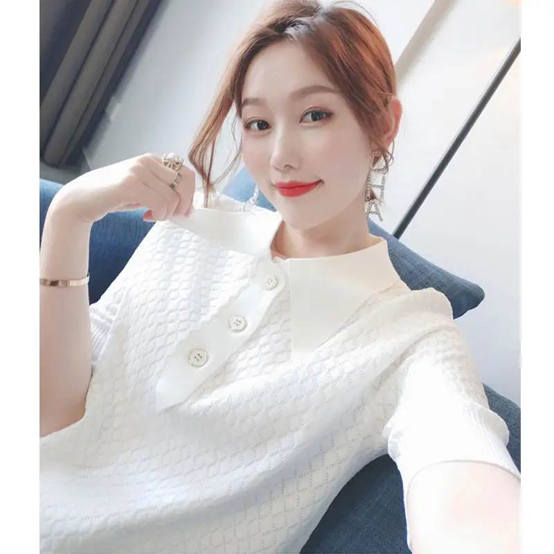 

French small fragrance temperament hollow sweater women's thin loose summer short sleeve POLO lapel short pullover top
