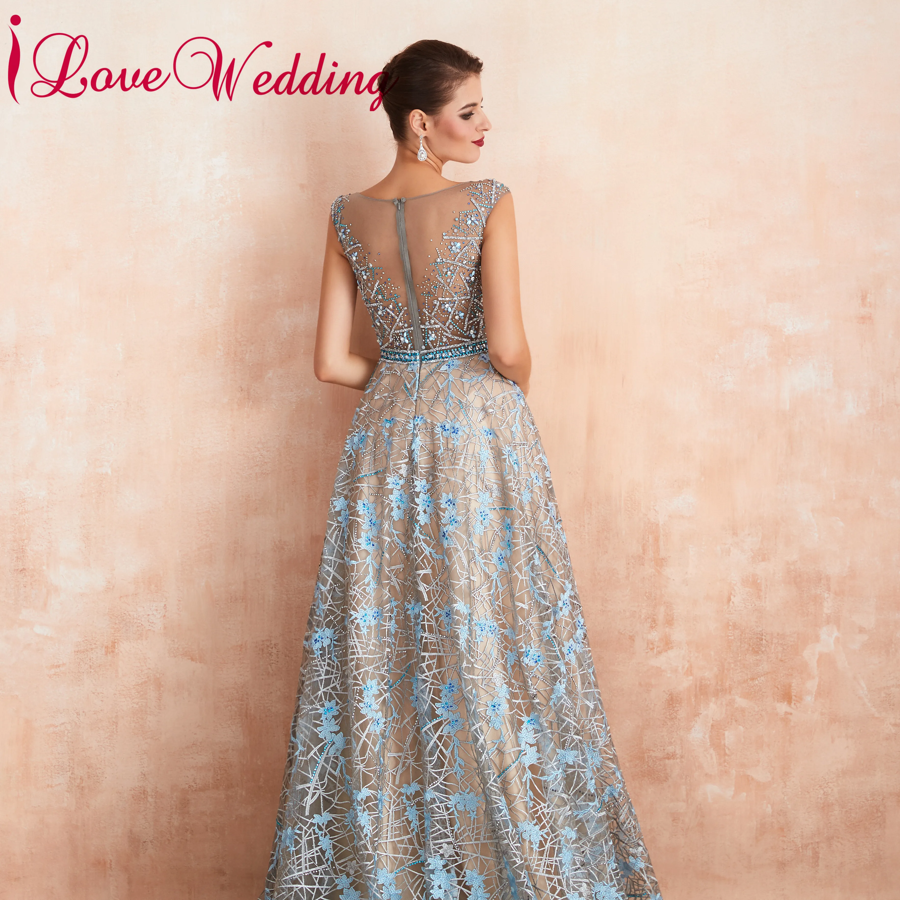 ILoveWedding длинное платье ТРАПЕЦИЕВИДНОЕ кружевное торжественное с кристаллами и