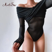 artsu sexy mesh women bodysuit black club playsuit romper v neck body long sleeve female bodysuits overalls tops asju30049