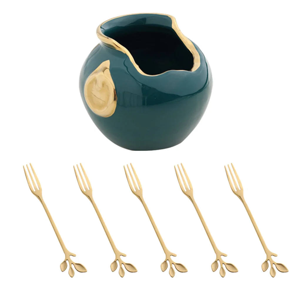 

5pcs Stainless Steel Dessert Fork Fruit Fork Set with 1 Dessert Fork Storage Jar