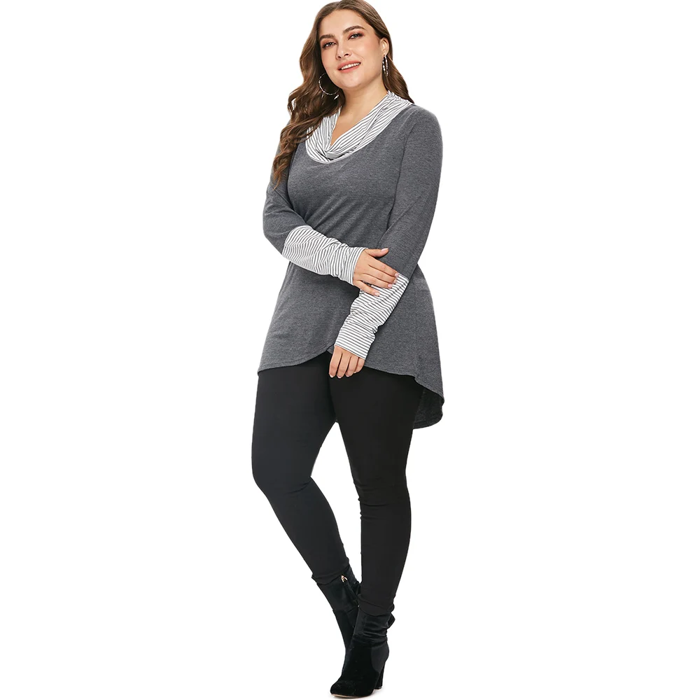 ROSEGAL плюс размер полосатая Высокая Низкая футболка с длинными рукавами Хомут