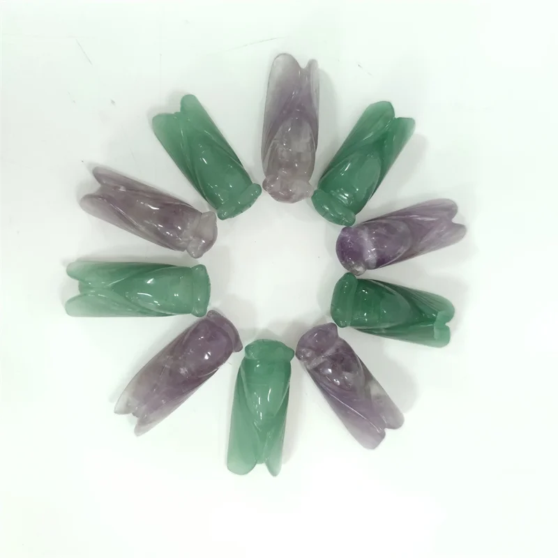 Камень зелёный авантюрин Цикада резьба фиолетовый флюорит животное Кристалл