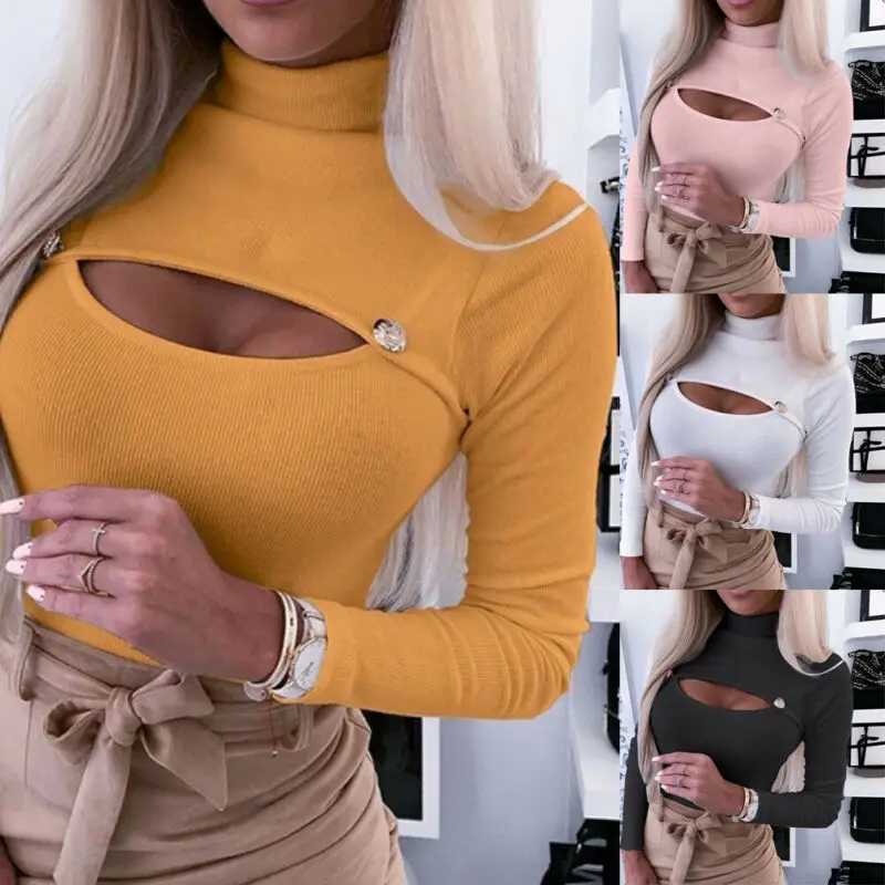 

Women's Sexy Slim Fit Knitted Long Sleeve Autumn hollow out solid Blouse Shirt Buttons Top Elegant Turtleneck Party Clubwear