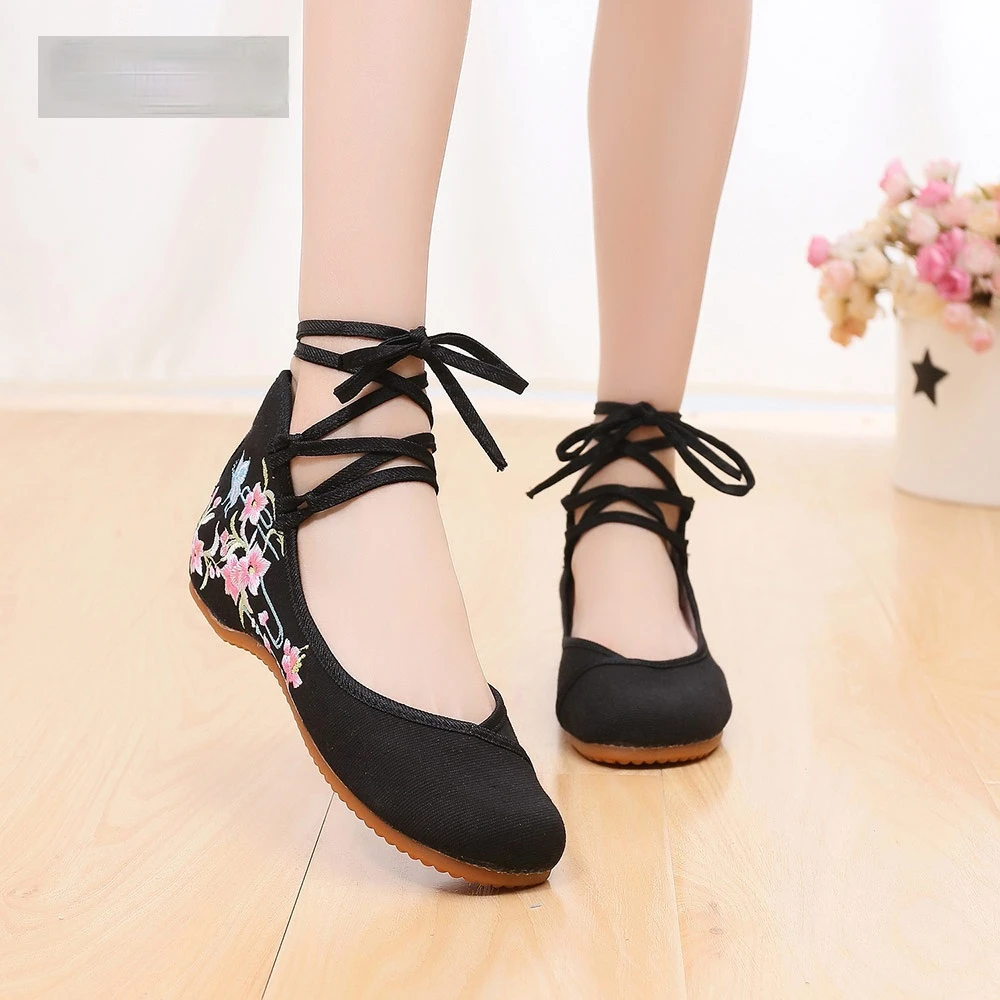 

Ankle Strap Women Canvas Embroidered Ballet Flats Ladies Comfortable Cotton Dance Ballerinas Vegan Muslem Shoes