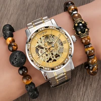 men mechanical wristwatches 2021 luxury gifts set with 2 bead bracelets gear steampunk skeleton hand winding watch for boyfriend