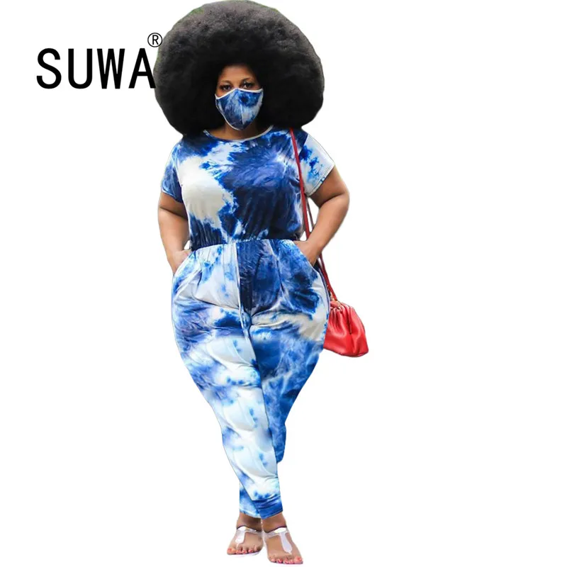 

Tie dye print spandex jumpsuit plus size summer women clothing 2020 new fashion high waist skinny stacked sweatpants sexy romper