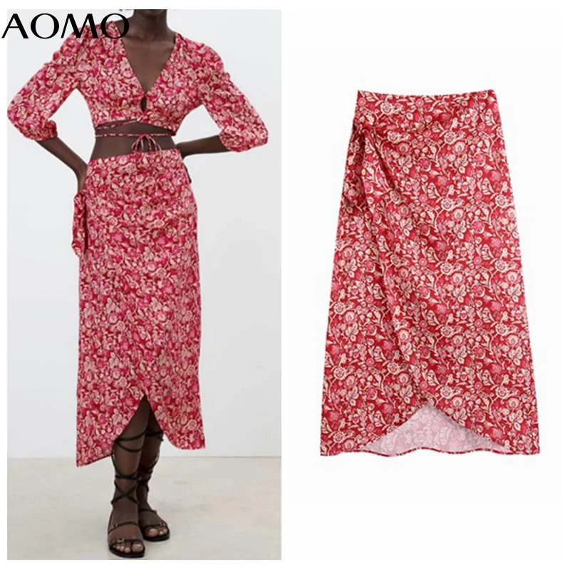 

AOMO 2021 Women Red Floral Print Bow Tied Wrap Sarong Skirt Faldas Mujer Female Midi Skirt BE199A