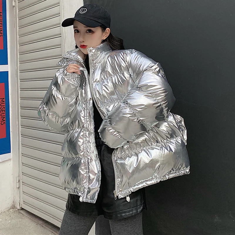 Повседневное свободное теплое зимнее пальто парка женская синяя Серебряная