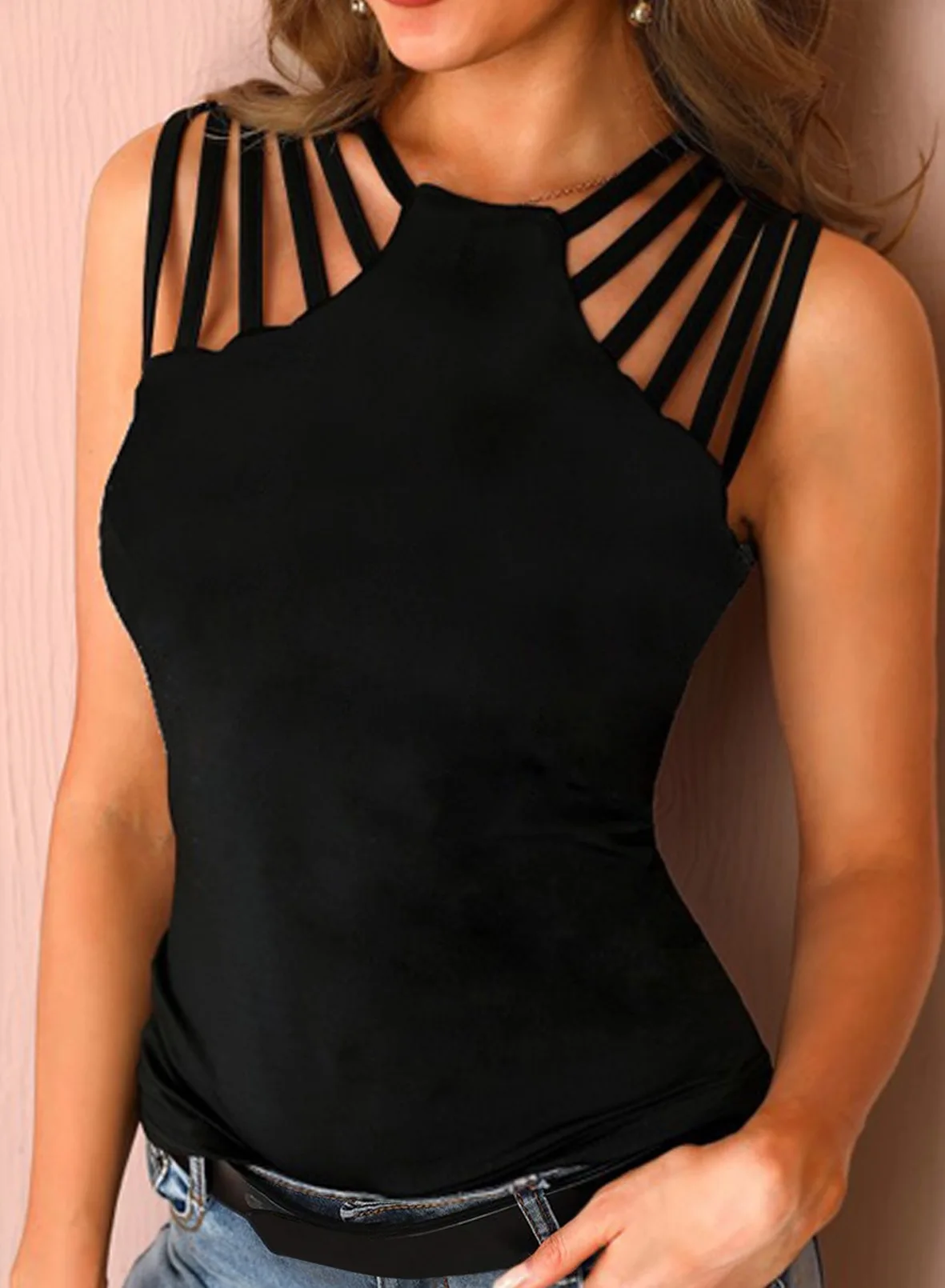 

New women's hot product solid color shoulder stitching hollow sexy outerwear knitted halter neck vest women