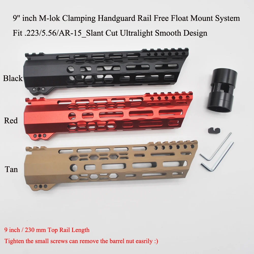 

TriRock 9'' inch M-lok Clamping Handguard Rail Slant Cut Ultralight Slim Free Float Mount System .223/5.56 AR-15_Black/Red/Tan