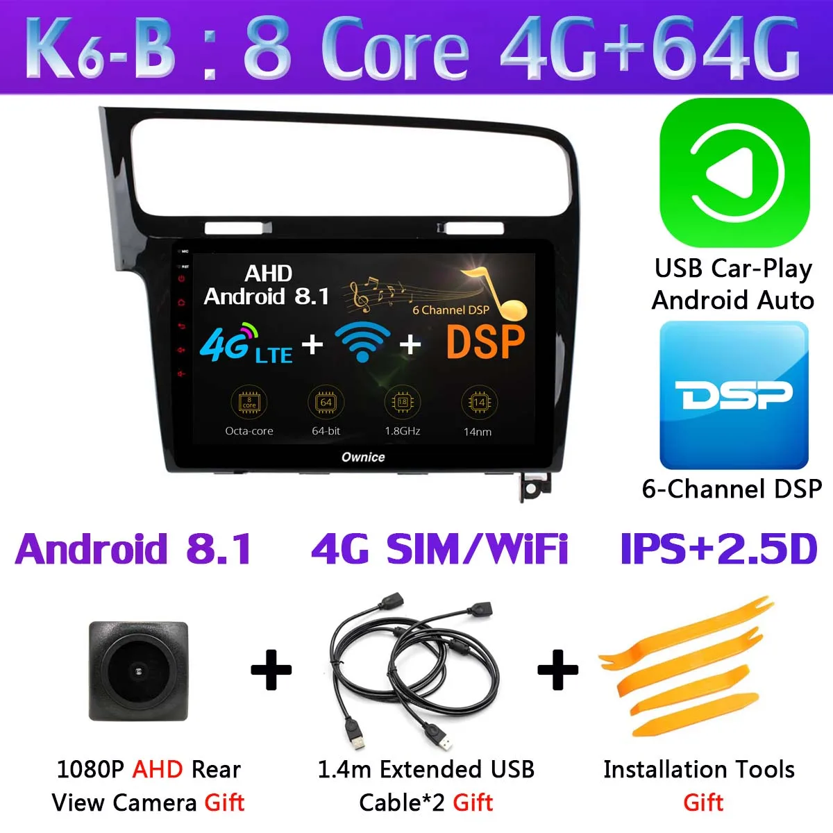 Панорамная камера 360 ° 4G LTE Android 9,0 4G+ 64G DSP CarPlay Автомобильный плеер для Volkswagen Golf 7 MK7 2013- gps радио - Цвет: K6-B-CarPlay