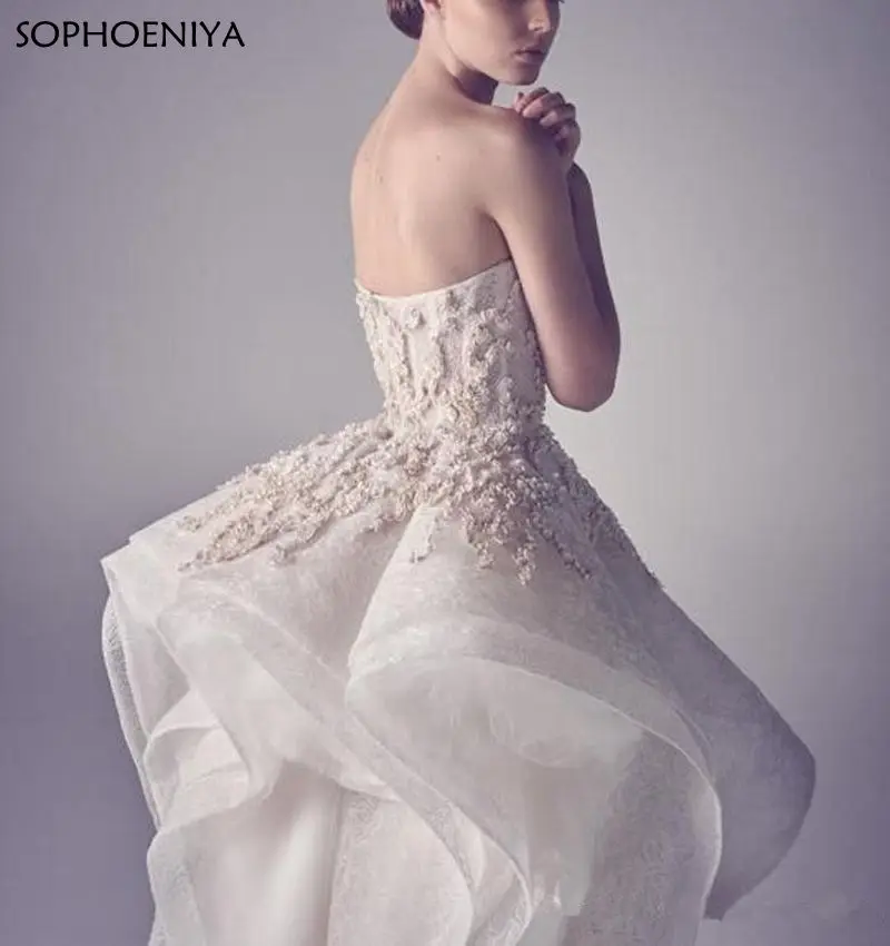 

Sexy Strapless Backless Lace Applique Prom Dress Embroidery High Low Formal Dress Evening Party Gown Custom Made Robes de Soire