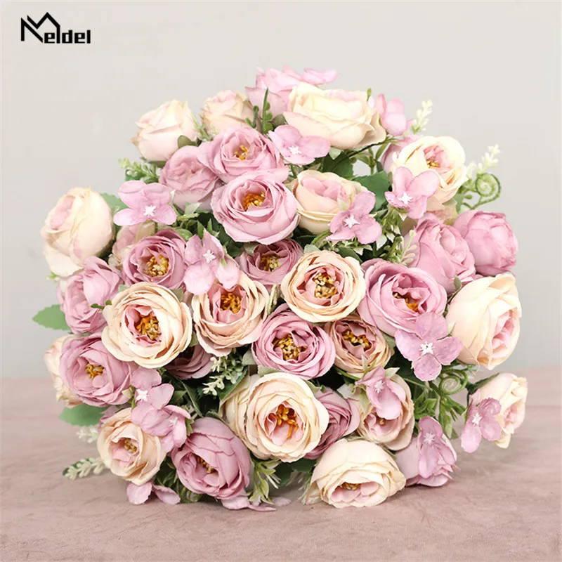 10 kepala bunga buatan bunga mawar pengiring pengantin 5 cawangan sutera bunga palsu untuk bunga hiasan perkahwinan DIY
