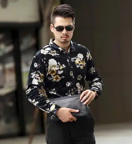 Мужская бархатная рубашка с длинным рукавом, Повседневная теплая шелковая рубашка из плотной велюровой подкладки, с цветочным принтом, Осе...