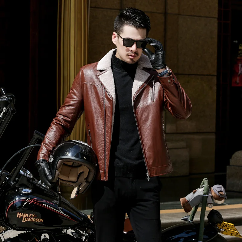 Мужская кожаная куртка из вельвета Сезон зима теплая байкерская модный костюм