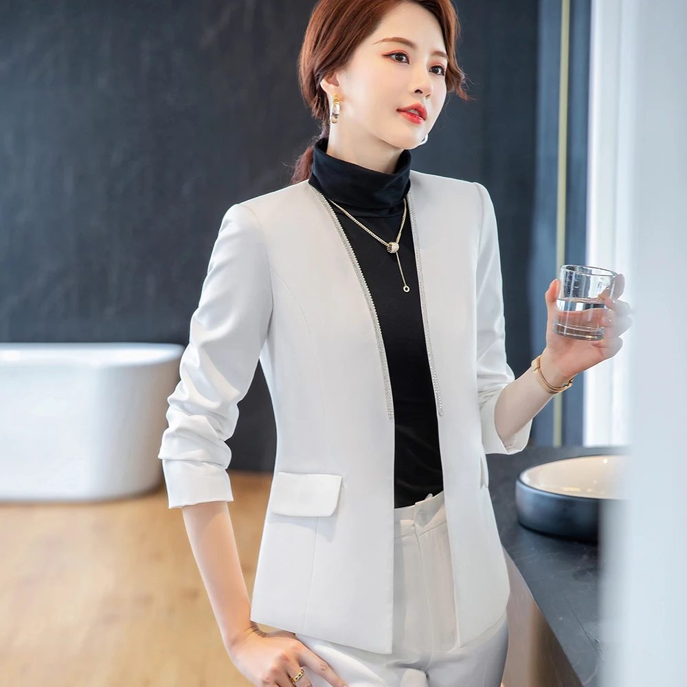 2021 Autumn White Black Women's Pants Suit 2 Pieces Set Formal Elegant Ladies Blazer Female Jacket Business Work Trousers Suits