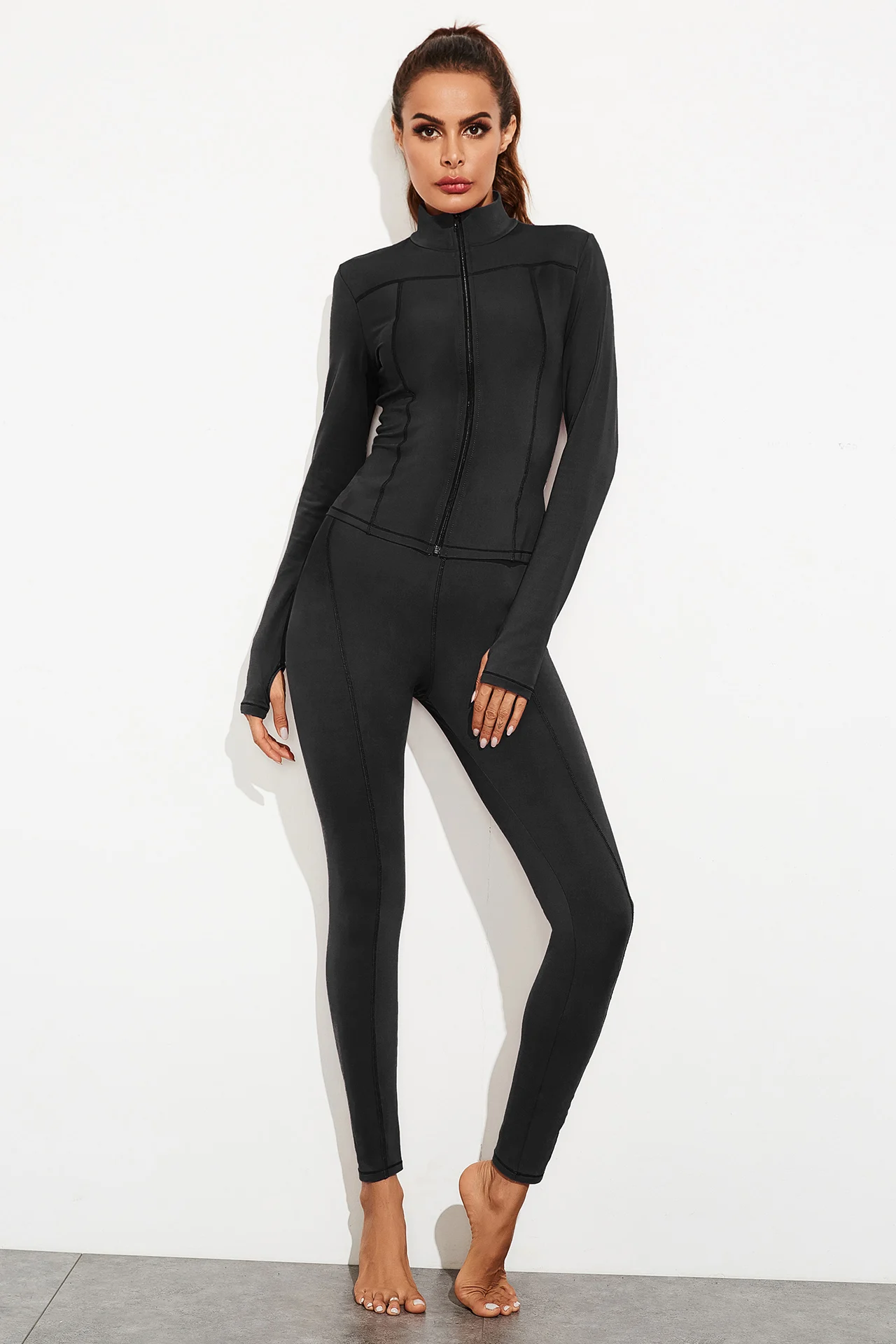 Костюм для йоги из двух предметов с воротником стойкой на молнии|Комплекты йоги| |