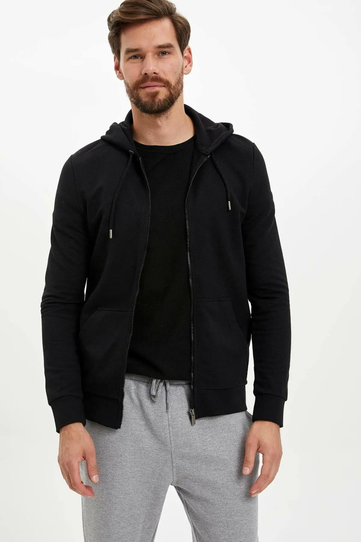 DeFacto Мужская модная черная хлопковая куртка с капюшоном на молнии мужская