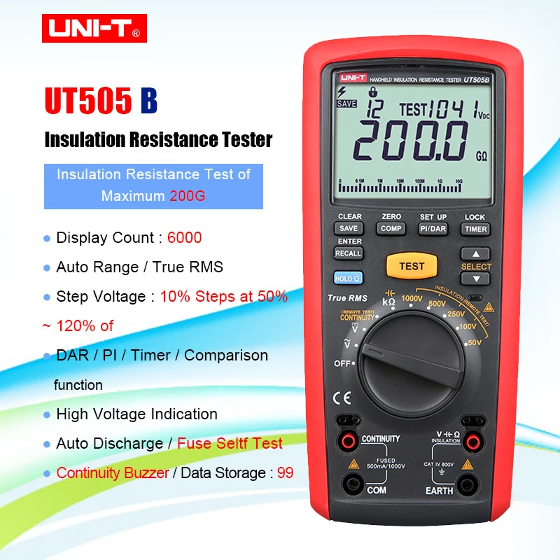 

UNI-T Multimeter True RMS Megohm Resistance Meter USE Self-Test Analog Bar Graph LCD Backlight COMP Comparison Function UT505B