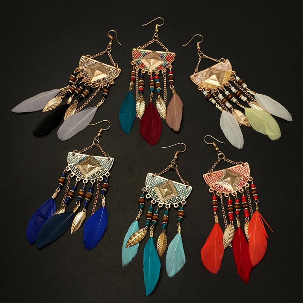 

Fashion Vintage Women Bohemian Earrings Long Tassel Feather Fringe Boho Dangle Earrings Jewelry