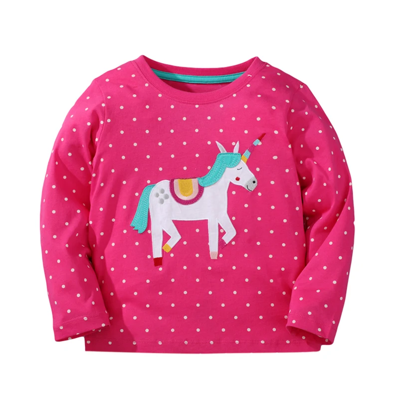 

Jumping Meters Girls T-shirt Autumn Cartoon Point Unicorn Pattern Casual Crew Neck for Long Sleeve Top Red Clothes 2-7years
