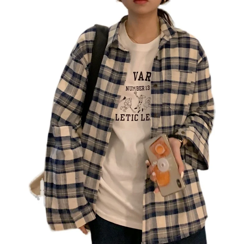 

Женская рубашка в клетку с эффектом потертости, Повседневная Свободная рубашка с рисунком МАЗ, осень