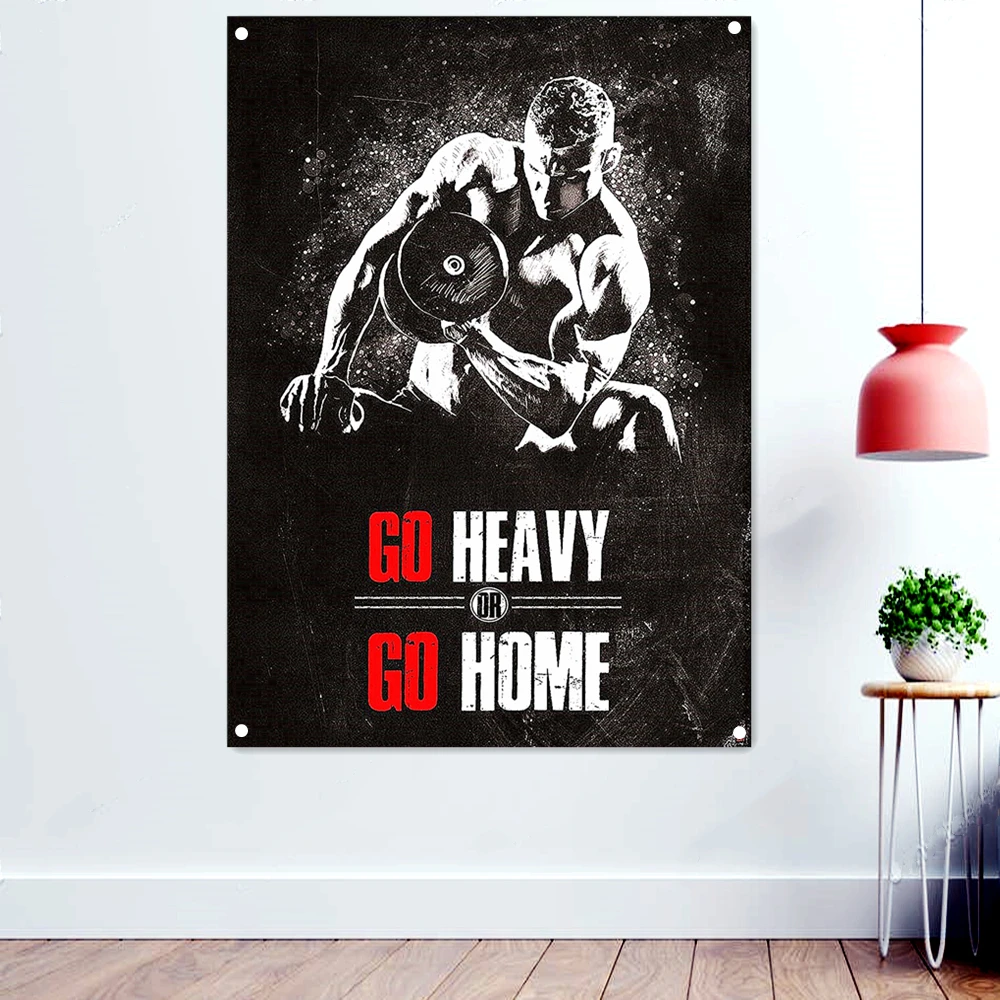 

"GO HEAVY OR GO HOME" Workout Motivational Poster Wallpaper Hanging Paintings Yoga Bodybuilding Flag Banner Wall Art Gym Decor