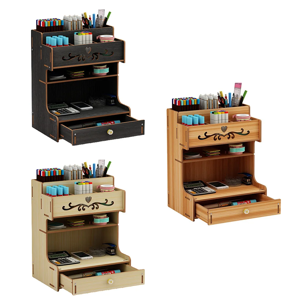

Wooden Pen Holder with Drawer Multi-Functional Desktop Stationary Pencil Box Home Office Art Supplies Organizer Rack