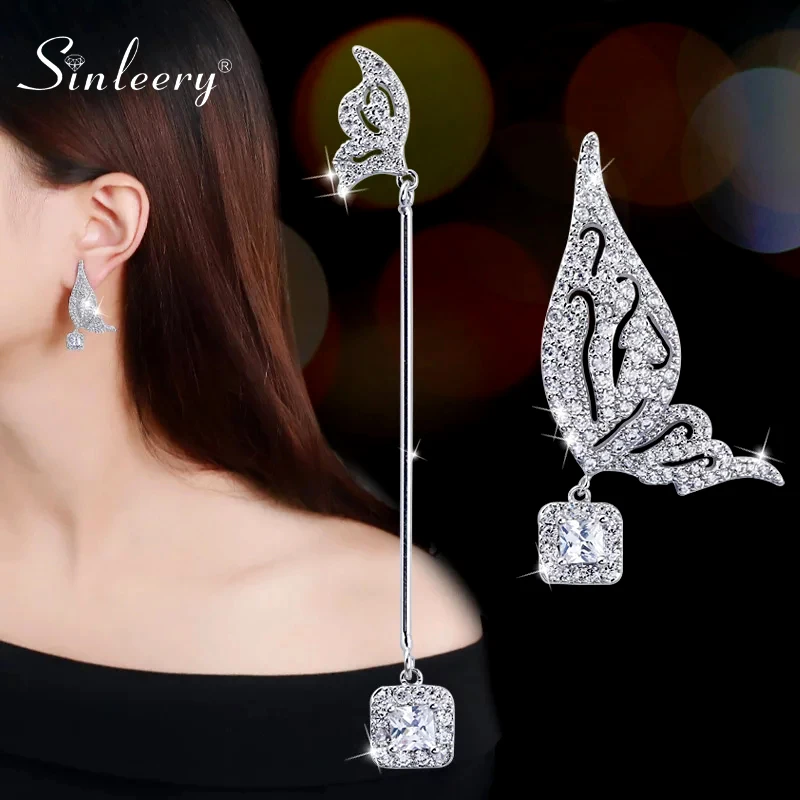

SINLEERY Luxury asymmetrical jewelry Butterfly Wings Cubic Zirconia Sqaure Pendant Long Drop Earrings For Women 2021 ES241 SSP