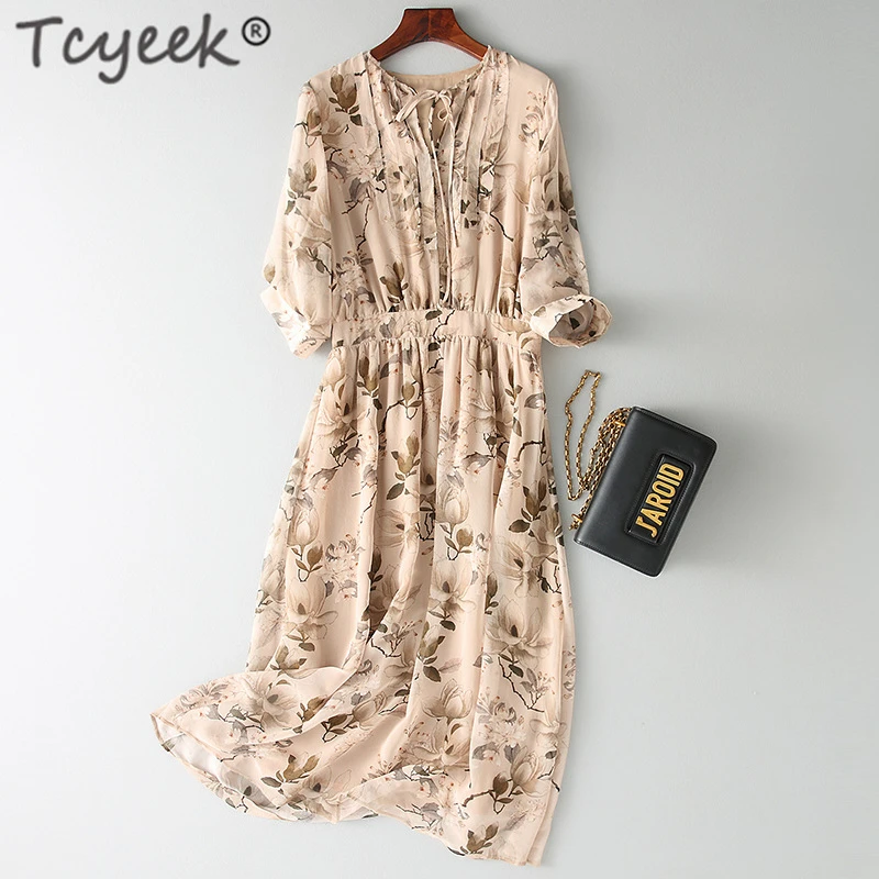 Летнее платье Tcyeek женские элегантные платья из натурального шелка Женские