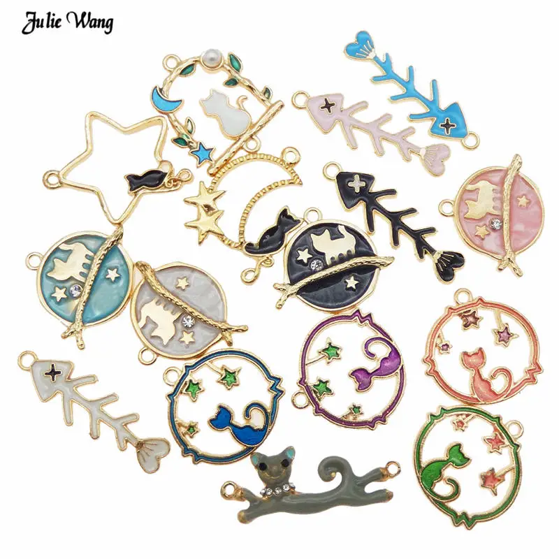 

Оптовая продажа, 10 шт., сплав, эмалированная рыба, кость, кошка, форма, амулеты, золотой тон, смешанный мультфильм, подвеска для браслета, серь...