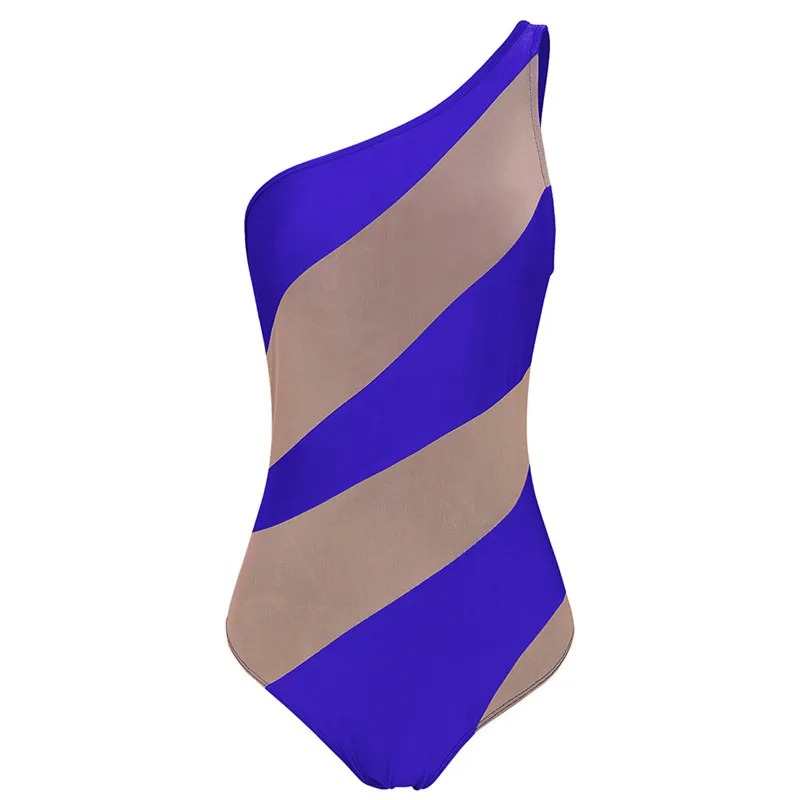 

One Shoulder Patchwork One Piece Swimsuit Women Sexy See Though Mesh Body Suit Sleeveless Summer Beach Swimming Costume Monokini