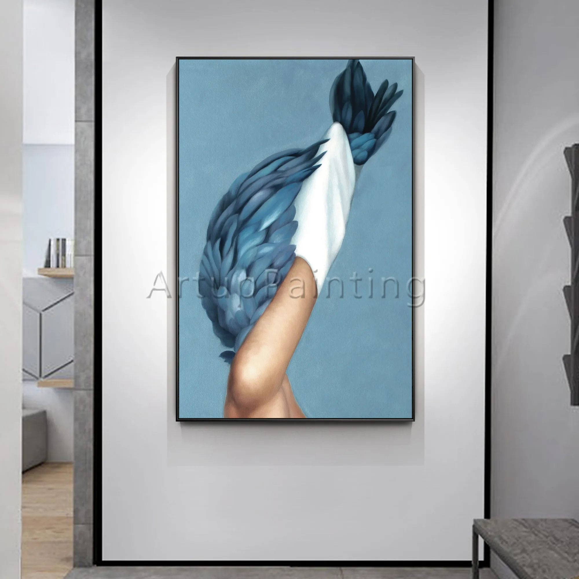 

Modern oil Painting on Canvas Hand Painted blue feather woman potrait Wall Art Picture for Living Room Home Decoration