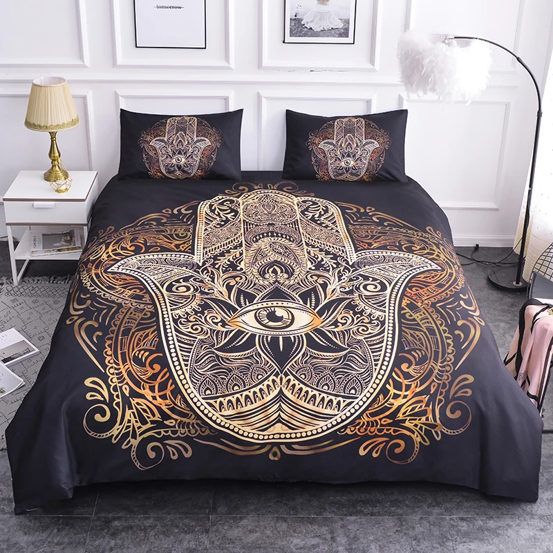 

3D Digital Printed Golden Hand With Eyes Duvet Cover And Pillowcase Black Bedding Set Vintage Soft Microfiber Quilt Cover Set