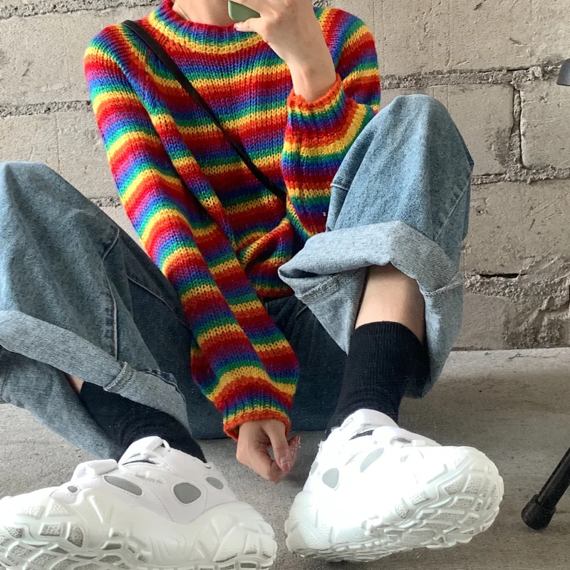 

Women's Sweaters Japanese Kawaii Ulzzang Rainbow Loose Lazy Wind Long Sleeve Sweater Female Korean Harajuku Clothing For Women